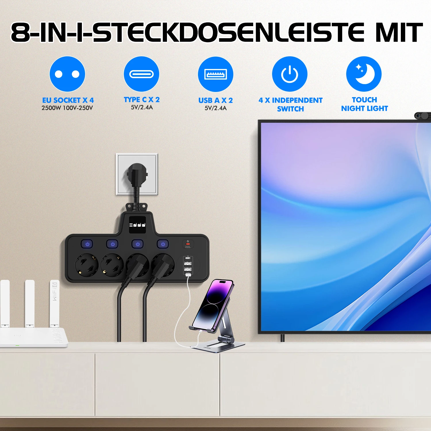 EU Plug Power Strip with USB-C, Independent Switching & Overload Protection