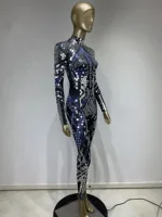 Women Black Geometric Sequins Long Sleeved Stretch Tight Jumpsuit Y2K Bar Nightclub DJ Female Singer Stage Performance Clothing - Image 2