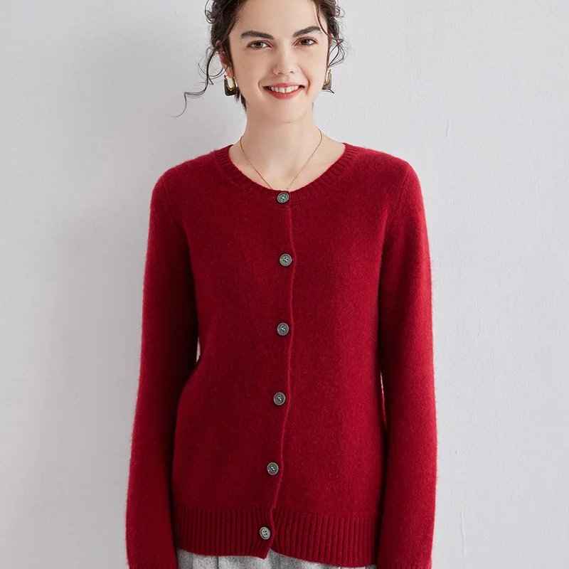 Cashmere cardigan women'sO-neck solid color long-sleeved cashmere coat is slim and versatile knitted sweater. 5