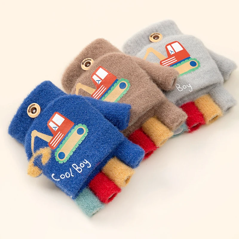 Kids Dual-use Thickening Wool Gloves Student Warm Half Finger Gloves Knitting Mittens Boys Girls Knitted Flip Fingerless Gloves