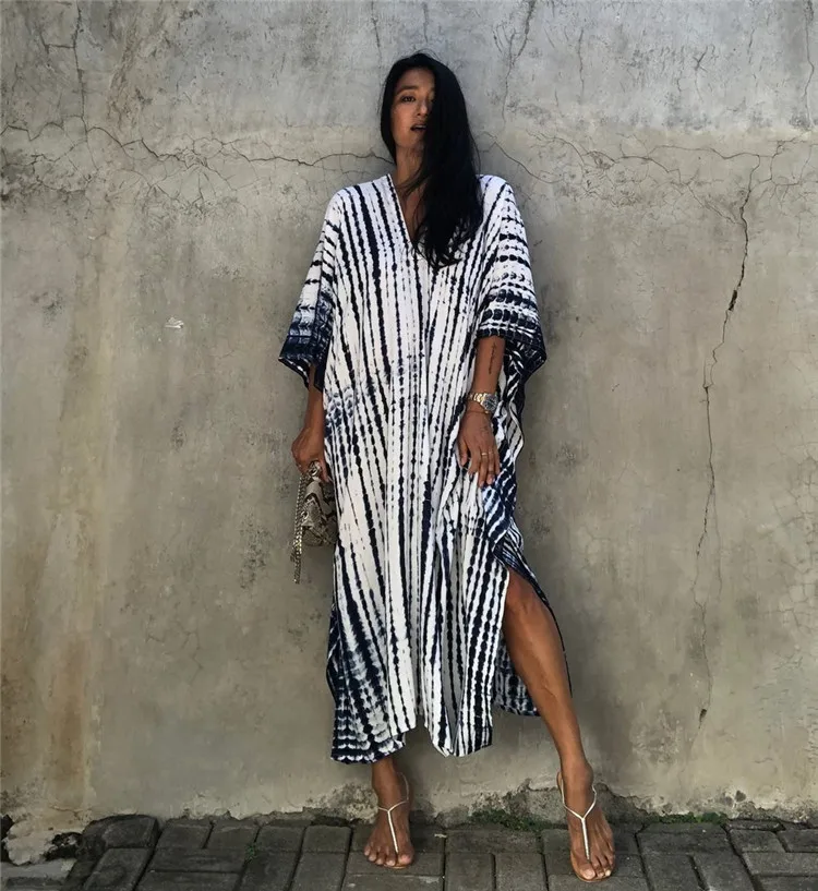 2023Summer Bohemian Striped Print Women Beach Dress Bathing Suit Cover Up Summer Tunic for Woman Beachwear Robe De Plage Kaftan