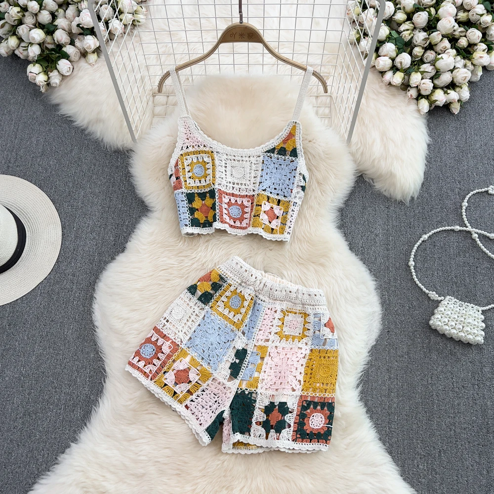 2024 New Lady Hollow Knitting Seaside Holiday Women Swimsuit Vintage Embroidery Beach National Sleeveless Camisole Shorts Set