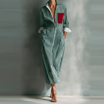 Elegante Abito Monopetto con Tasche da Donna, Nuovo Abito Lungo Estivo a Vita Alta per il Lavoro, Vestito Camicia a Maniche Lunghe con Risvolto e Stampa a Righe