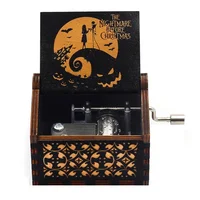 Halloween Eve Wooden Music Box Hand Crank Nightmare Before Christmas Antique Engraved Musical Box Case 1
