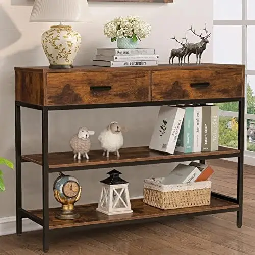 Entryway Table with 2 Drawers: Industrial Console Table with Storage Shelves