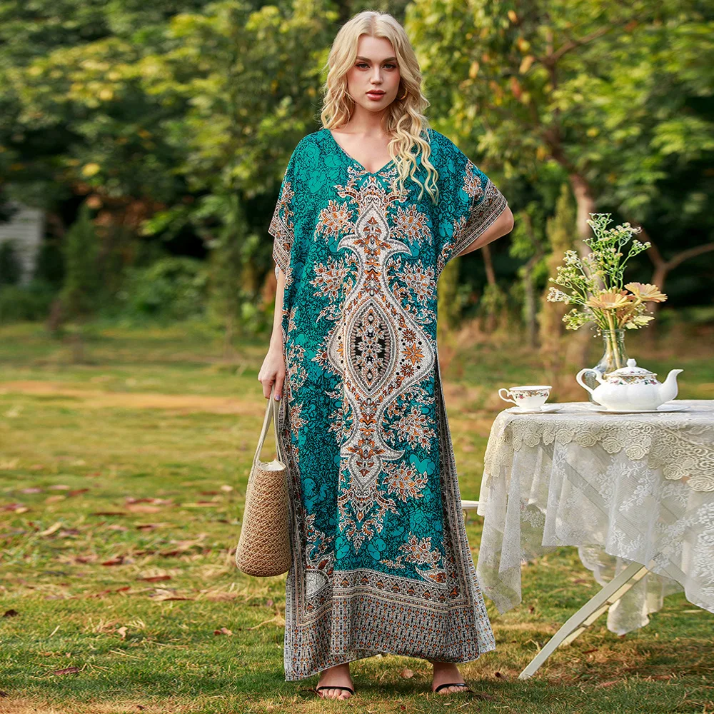 Moroccan Caftan Kaftan Abaya For Women V-neck Half Sleeves Print Abaya Dubai Muslim Turkey Islam Abaya Loose Women Clothing