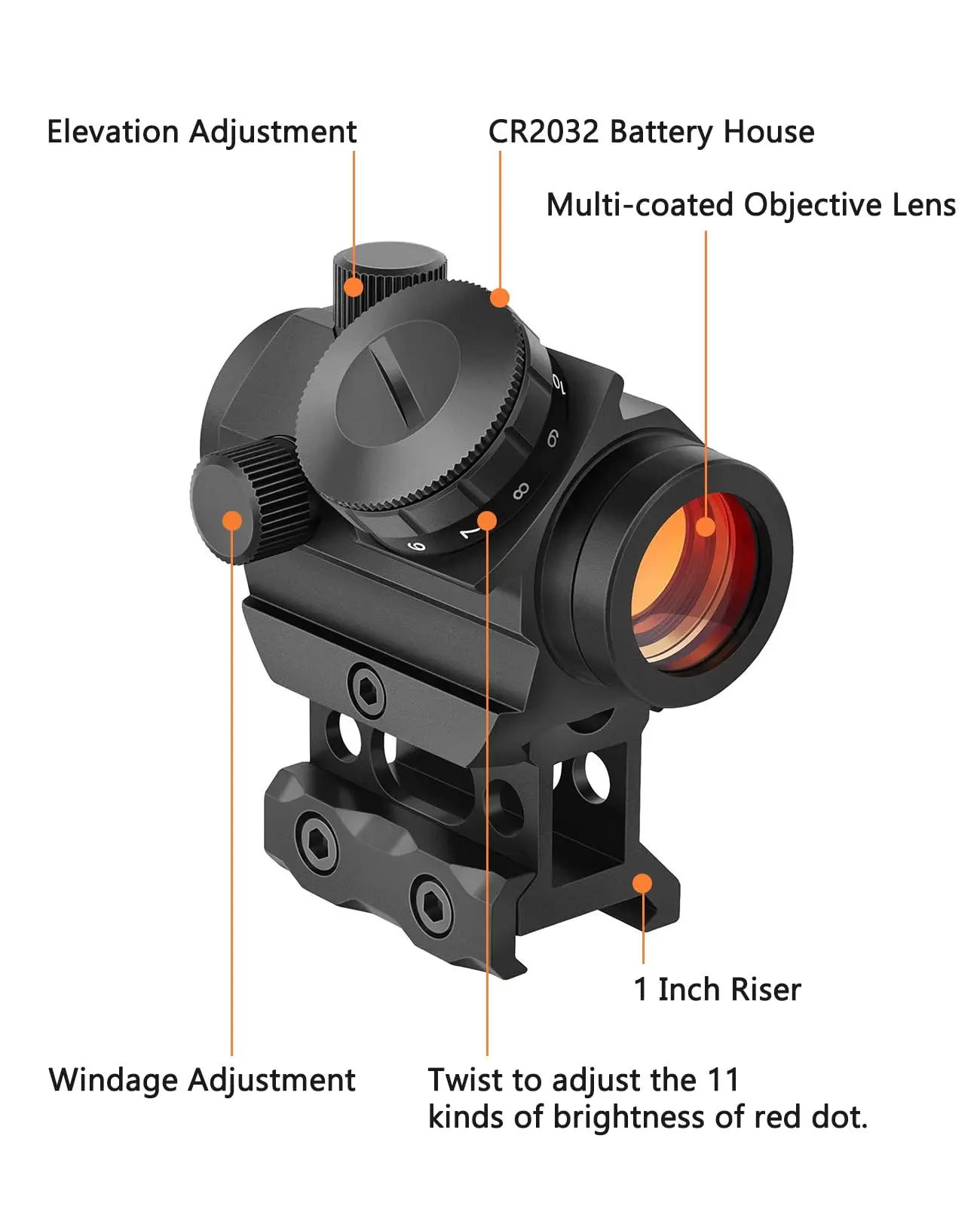 MidTen 2MOA 1x25mm Red Dot ReflexScope Sight Fit Rifle Waterproof Shockproof Fog-Proof with Mount Tactial