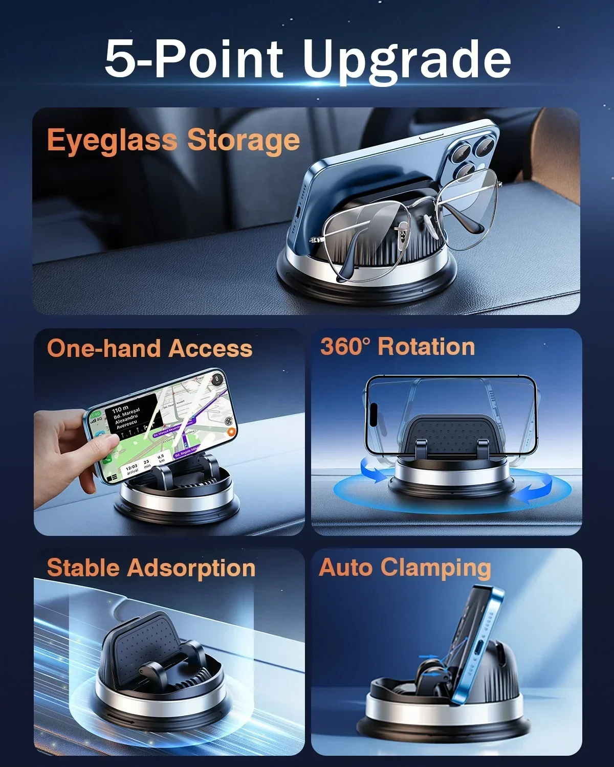 Eary Car Phone Holder Mount Dashboard 360°Rotatable Tablet Stand Universal Car Bracket for iPhone 15 Pro Max/14/13  Samsung S24