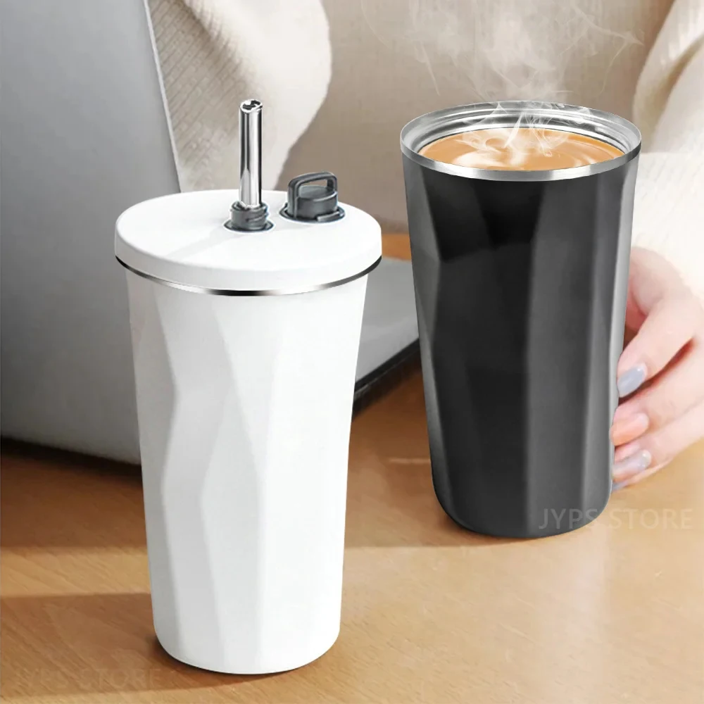 Tyeso Vacuum Insulated Coffee Cup With Straw Thermos Mug Leak-Proof 600Ml