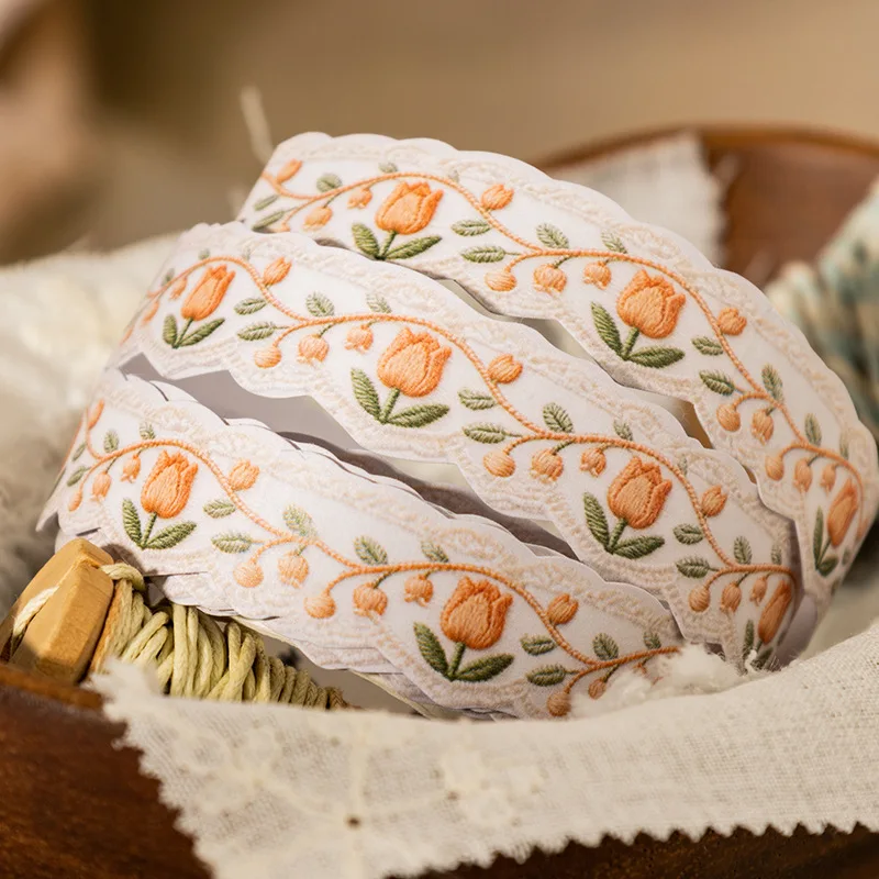1롤/2롤 시뮬레이션 자수 테두리 와시 테이프 컬렉션, 수제풍 장식 테이프 (저널링, 콜라주 아트용)