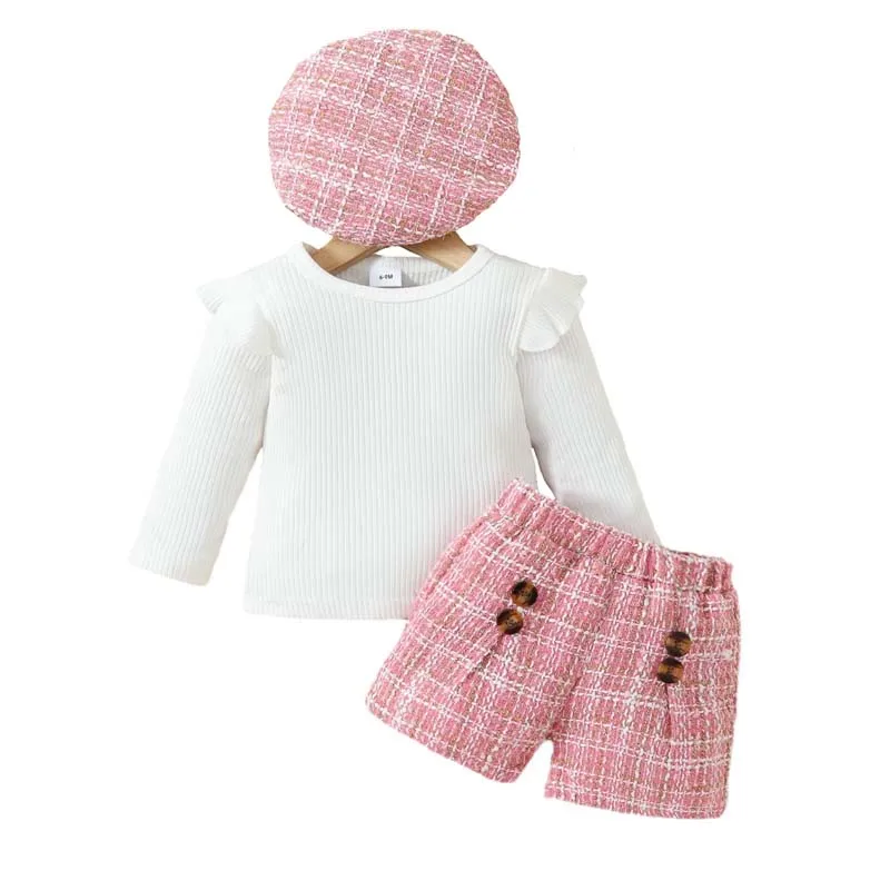 

Toddler Baby Girls Clothes 3Pcs Set 6-24 Months Fly Sleeve Pit Stripe Tees Tops Plaid Shorts Hat Baby Girl Outfits 1-3 Years
