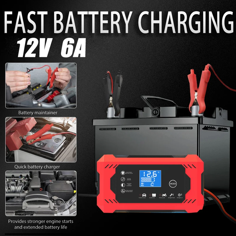 Caricabatteria Completo Per Moto Da Auto Riparazione Automatica A Impulsi Display Lcd Smart Fast Charge Agm Deep Cycle Gel Caricatore Al Piombo 12V 6A