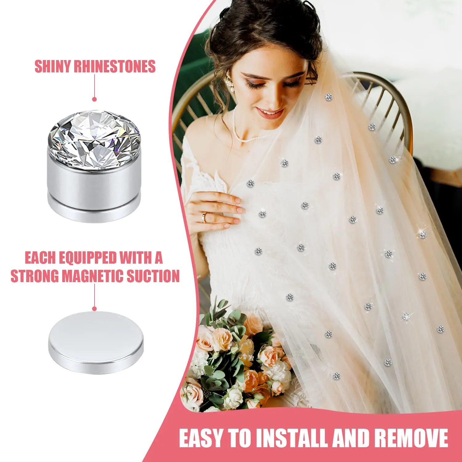 24pcs Veil Weights Wedding Magnetic Diamonds, Elegant Shiny Rhinestones Crystals Hijab Magnets for Dress Veil Accessories