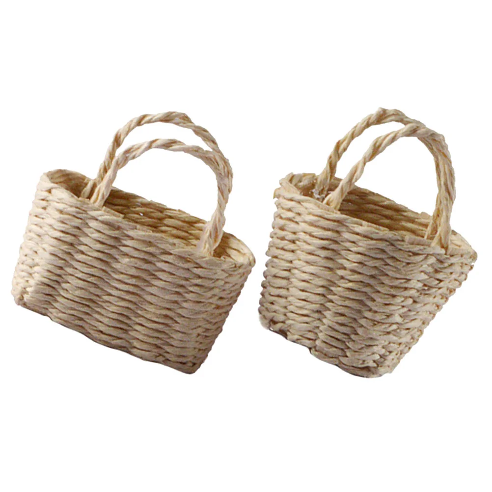 2 Pcs House Flower Picnic Baskets Kids Playsets Small Bamboo Adorn Mini Kids' Toys Ornament Miniature Decors Rustic Touch
