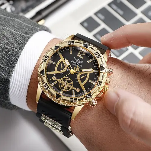 4PCS Fashion Arabic Dial Men Business Quartz Watch CasuSilicone Strap Wristwatch With Necklace Set Reloj Hombre (Without Box) - Image 4