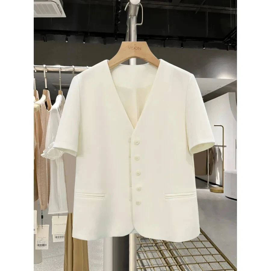 

Summer New Off White Black Thin Suit Coat Women's Short Sleeve Single Breasted V-Neck Blazers