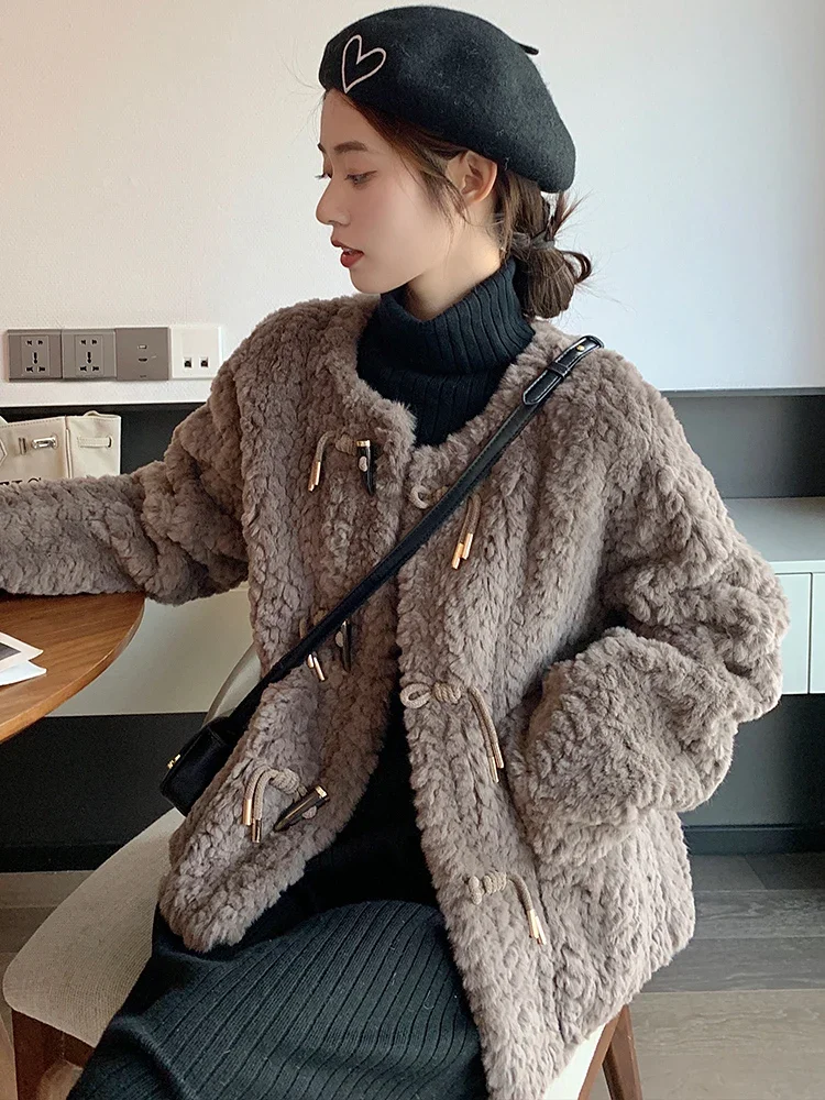 Korean Style Fashion Round Neck Long Sleeve Women's Woolen Coat 2023 Autumn Winter Commute Style Horn Button Pocket Short Coat