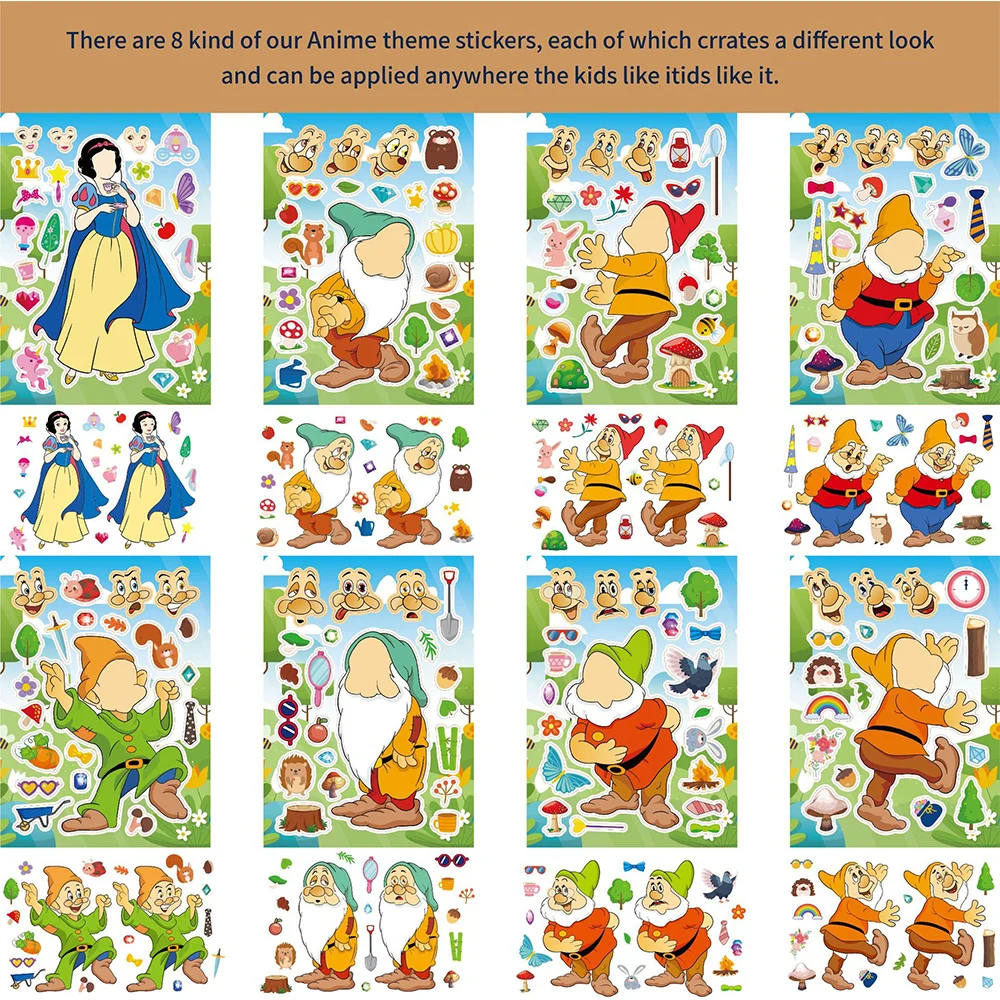 8/16 Fogli Disney Biancaneve E I Sette Nani Adesivi Puzzle Crea Un Viso Crea Il Tuo Giocattolo Per Bambini Assemblare Jigsaw Party Game