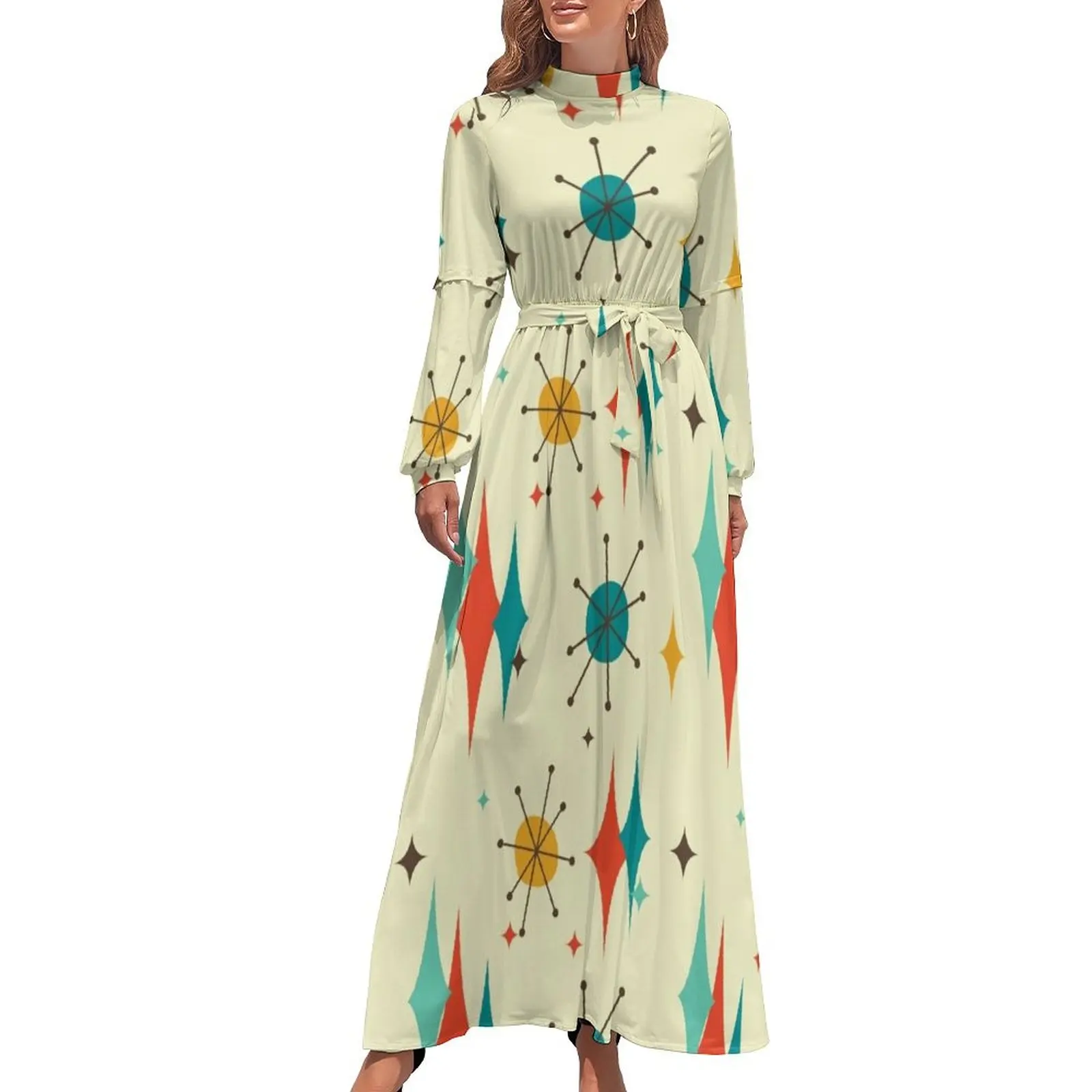 thumbnail image 1 of Vestidos largos retro Atomic Burst y Mid Century Modern en naranja, azul y crema, trajes de playa para mujeres, 1 of 5