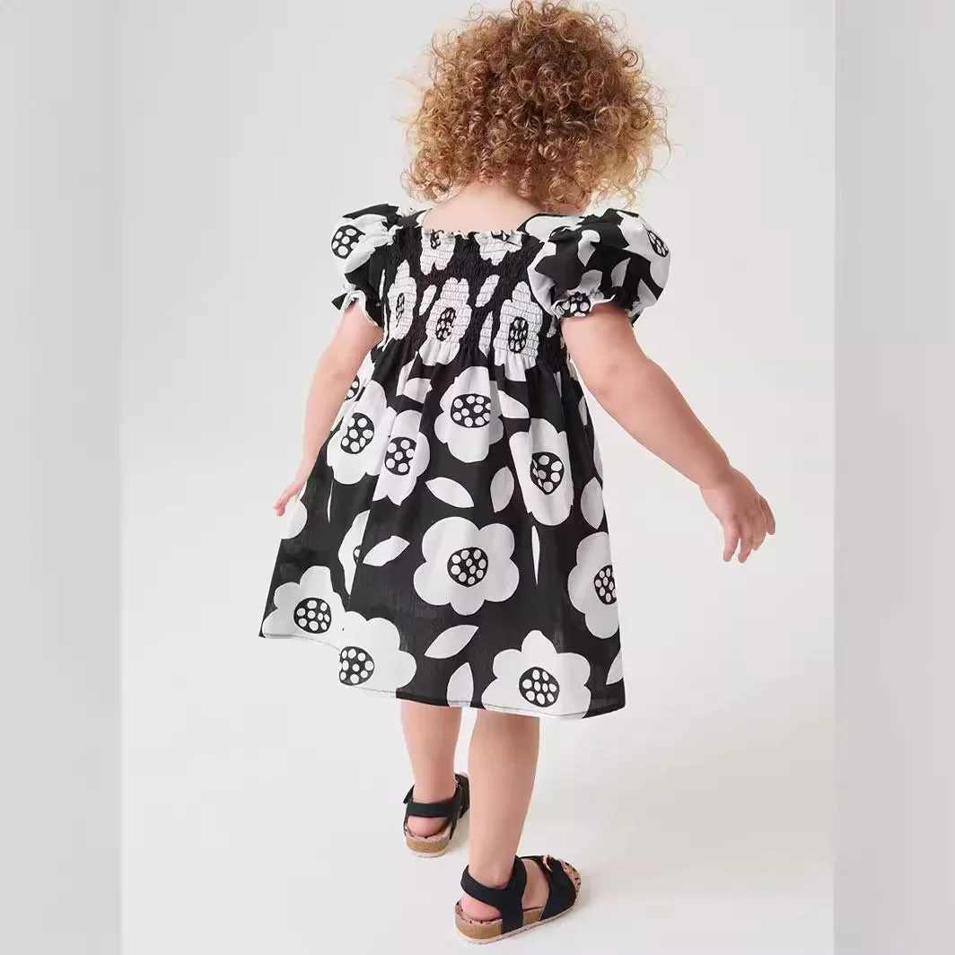 2025 Summer Party Dress Baby Girls Kids Clothes Cartoon Flowers Black Dresses Children's Clothing Vestidos Cotton