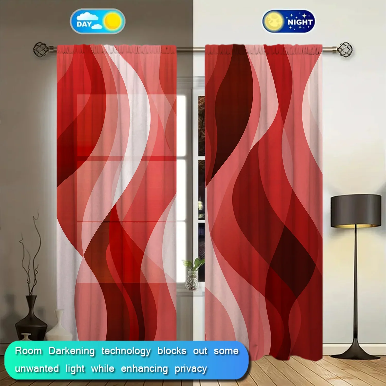 2pcs Red Wind Printed Curtain for Home Decor - Rod Pocket Window Treatment for Bedroom, Office, Kitchen, Living Room, and Study 3