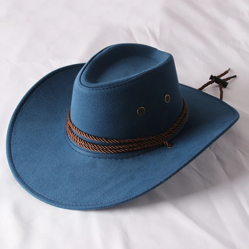  - Fashion Wide Brim Western Cowboy Hat with Windproof Rope Vintage Solid Color Jazz Hat All-match for Casual Vacation