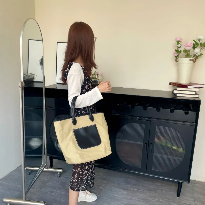 Fashion Women Canvas Tote Bag with Leather Trim Ladies Big Canvas Shoulder Bag Casual Tote Shopping Travel Bag
