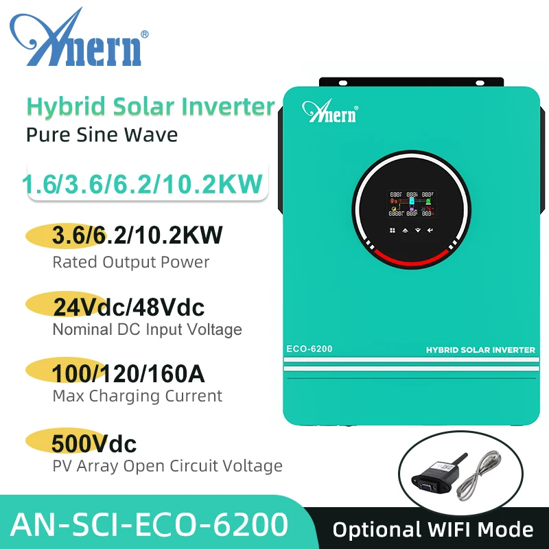 1.6Kw 3Kw 3.6Kw 6.2Kw 8.2Kw 10.2Kw Inverter Solare Ibrido Mppt 80A 120A 140A 160A Off-Grid On-Grid 12V 24V 48V 230Vac Pv 500Vdc