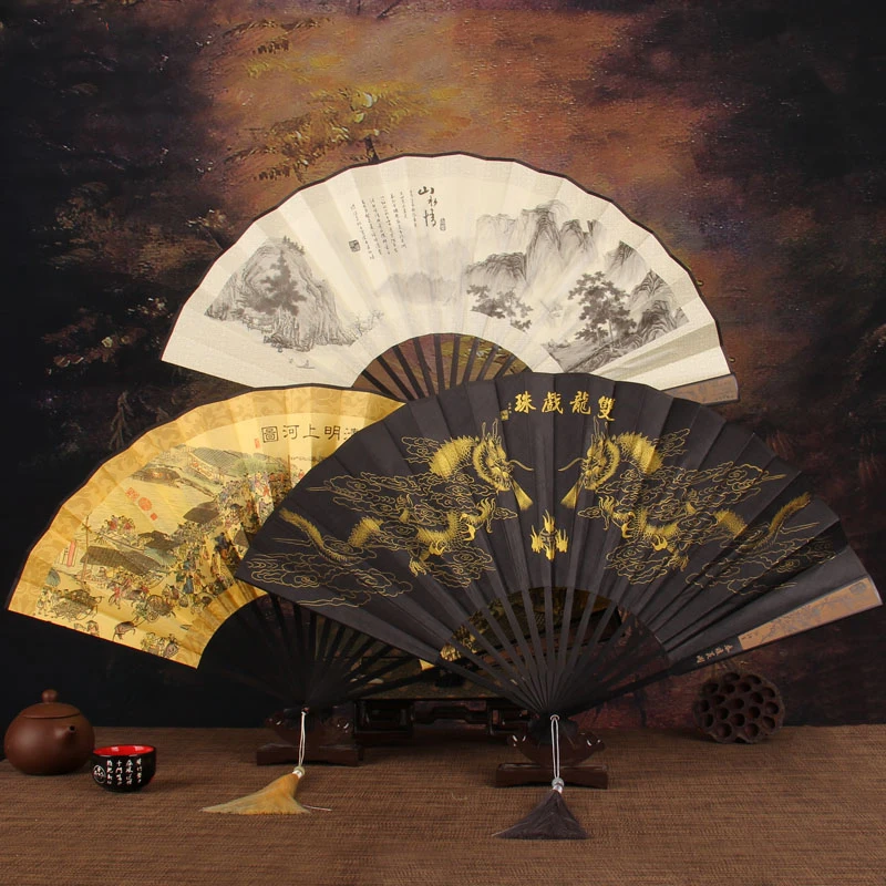 

Retro Style Men's Big Folding Fan with Tassel Daily Decorations Hand Fan Laser Engraving Fan Bone Chinese Hand Fan Wedding Gifts