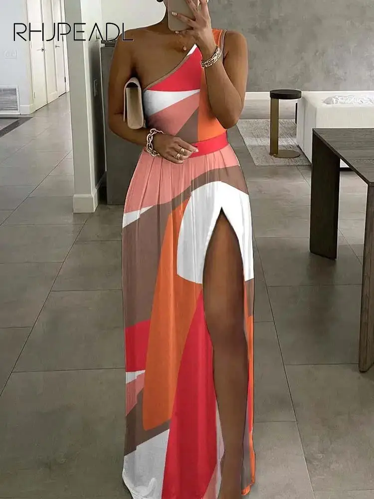 

Women Sexy One Shoulder Slim Long Dress Summer Sleeveless Slit Print Elegant Party Maxi Dresses 2023 Fashion Irregular Dress