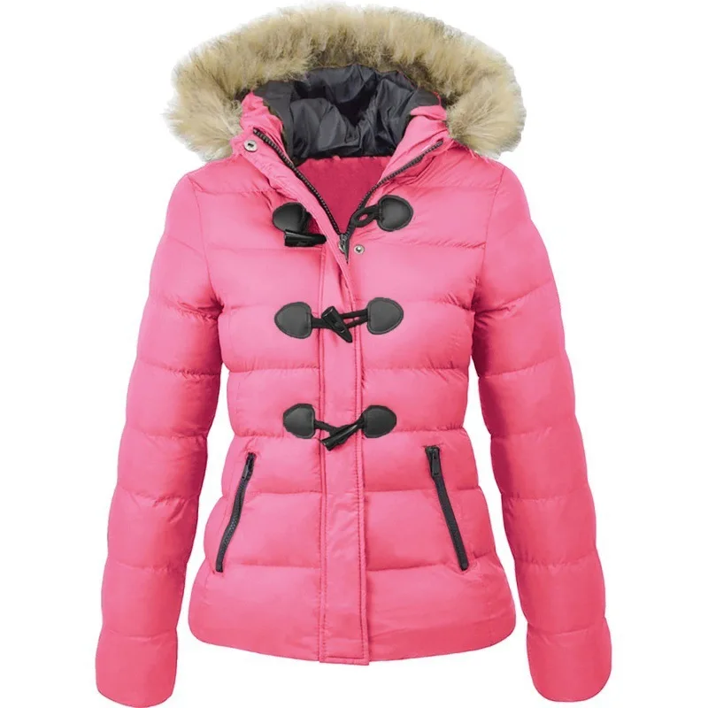2024 New Winter Fashion Warm Hooded Fur Collar Womens casual Cotton Jacket Parkas Retro Horn Button Women Cotton Coats parka