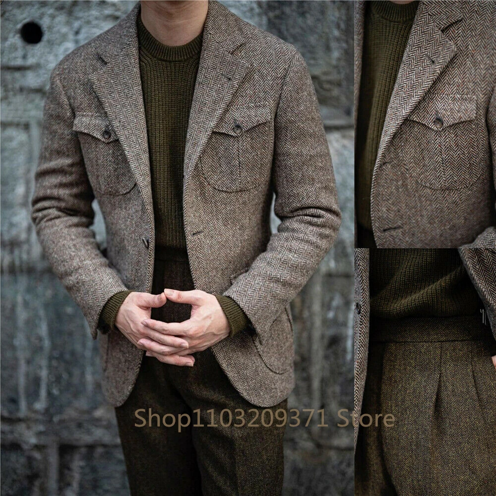 Brown Business Suits Men 1 Piece Herringbone Notch Lapel Tuxedo Wedding Prom Party Jacket+Pants Grooms Blazer Masculino men suits jackets