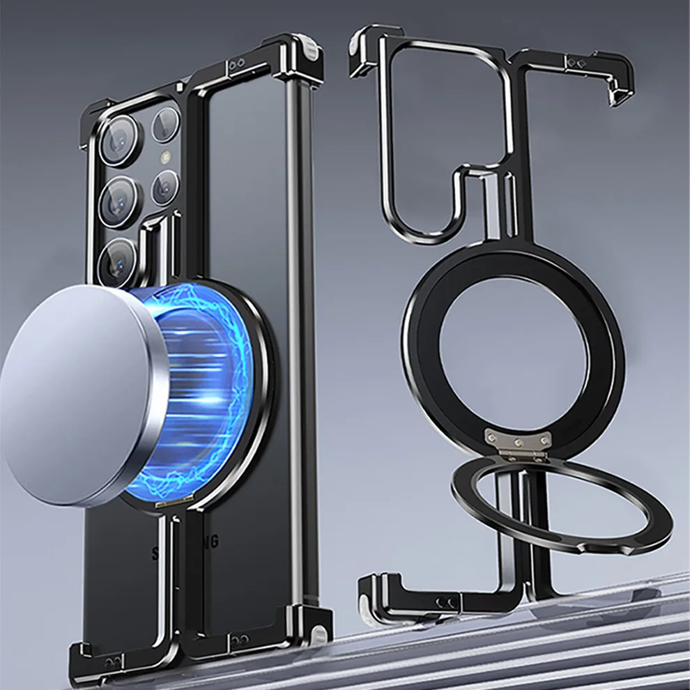 Aerospace Aluminum Hollow Airbag Corner Magsafe Case For Samsung Galaxy S24 Ultra Plus Metal Ring Bracket Holder Frameless Cover