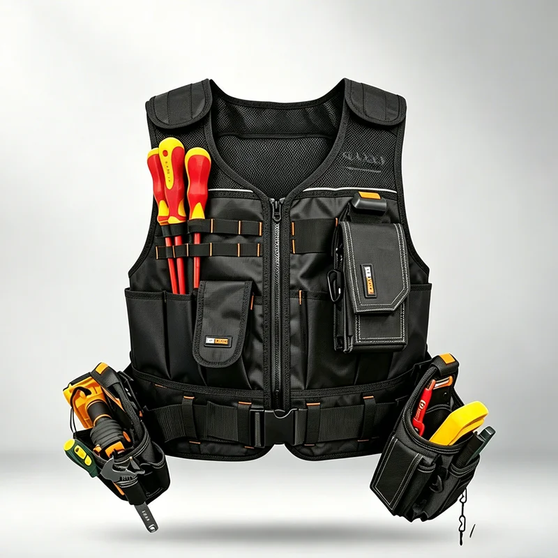 TOOLSTACK Robuste Arbeitsweste mit Mehreren Taschen, Langlebige Atmungsaktive Bauweste, Verstellbare Multifunktionale Elektrikerweste