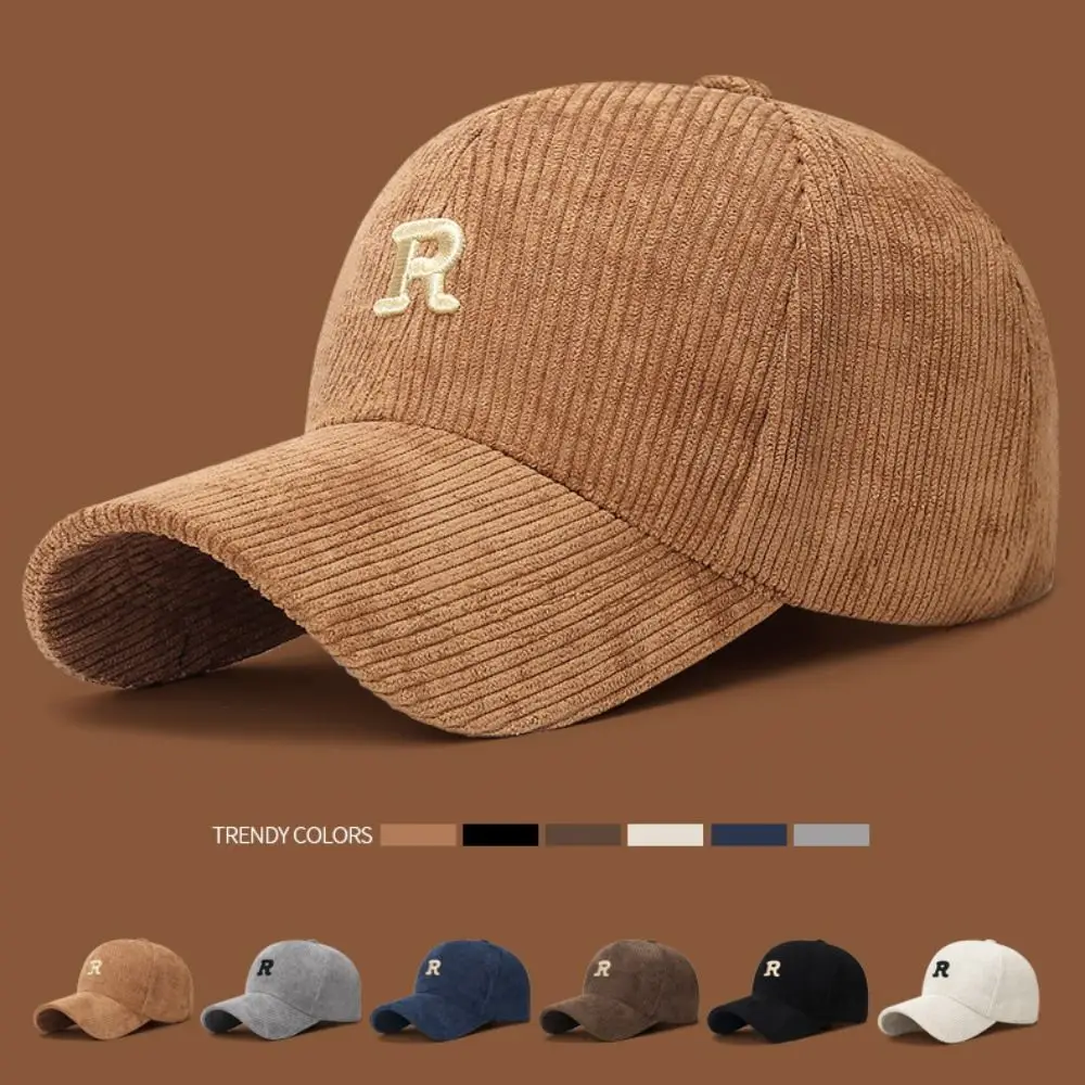 Gestickte „R“-Baseballkappe aus Cord mit Buchstaben, atmungsaktiv, lässig, Schirmmütze, verstellbar, einfarbig, Sonnenschutzhut, Herbst und Winter