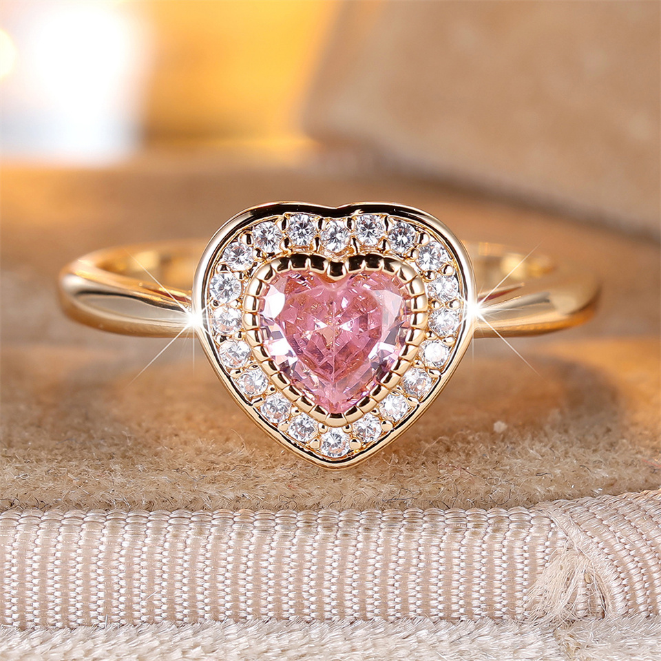 Elegant Pink Crystal Love Heart Zircon Rings For Women Vintage Gold Color Engagement Bands Wedding Jewelry Bridal Birthday Gifts