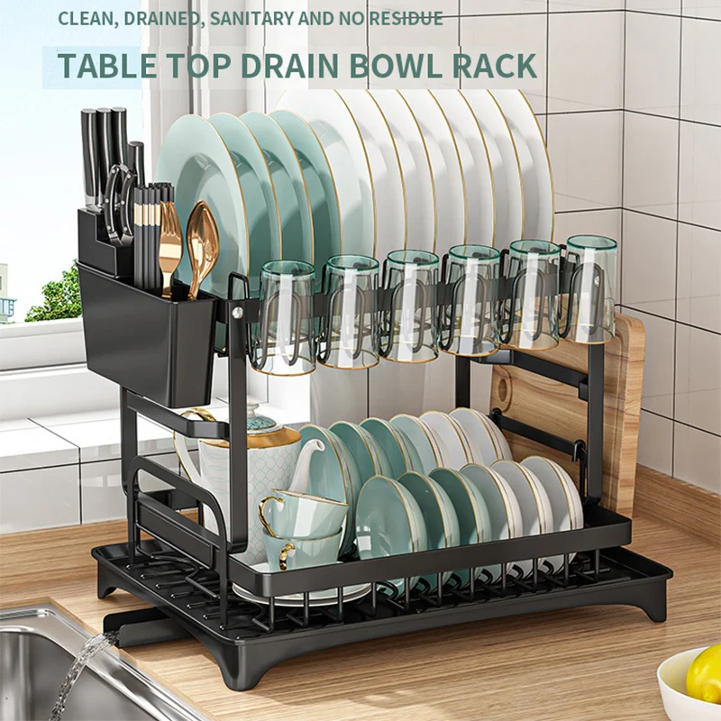 

Dish Drying Rack Kitchen Counter Dish Organizer Rack With Drainboard And Utensil Holders Carbon Steel Dishes Drainer Set 2 Tier