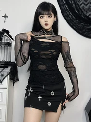 Gothic Mesh Hole Long Sleeve T-Shirts Women's Mock Neck Slim Fit Fishnet Sheer Blouse Cut Out Rave Tops See Through Top