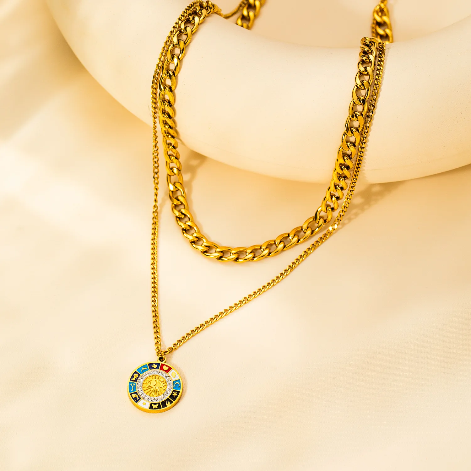 316L Stainless Steel Drip oil Round Card Double Layer Necklace For Women Personality Vintage Jewelry Gifts 1