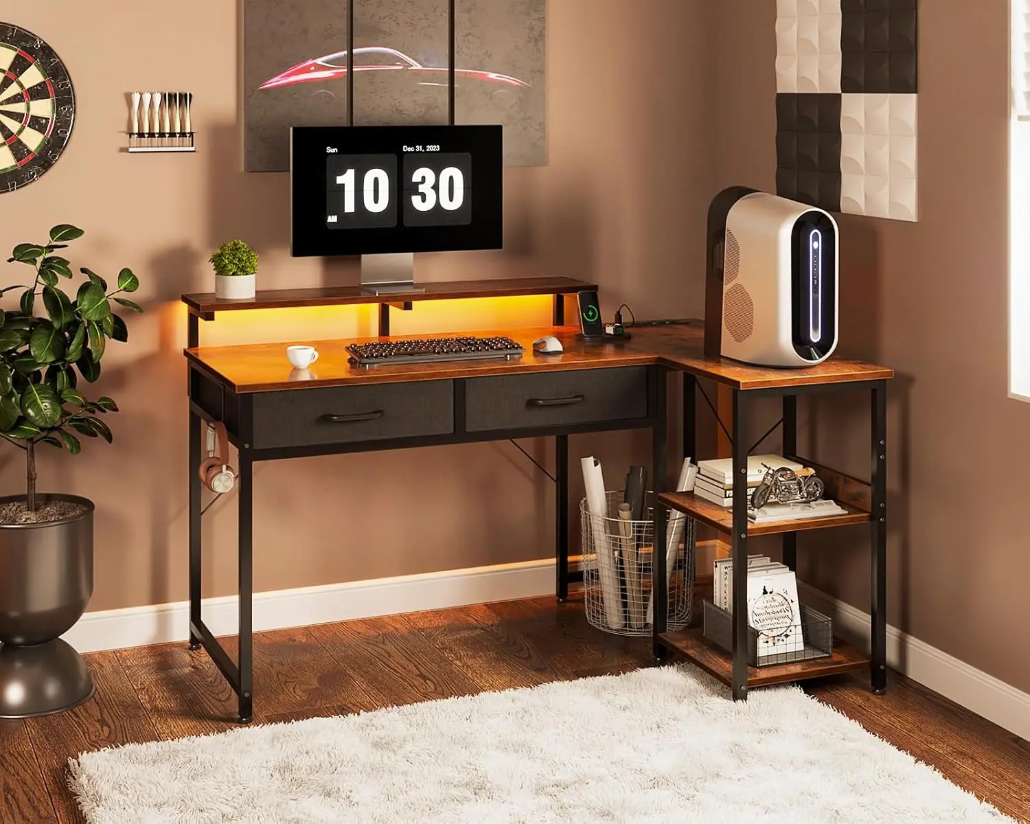 40 Inch L Shaped Gaming Desk with 2 Drawers Storage Shelves Computer Desk with USB Ports Study Writing Table for Bedroom Simple 4