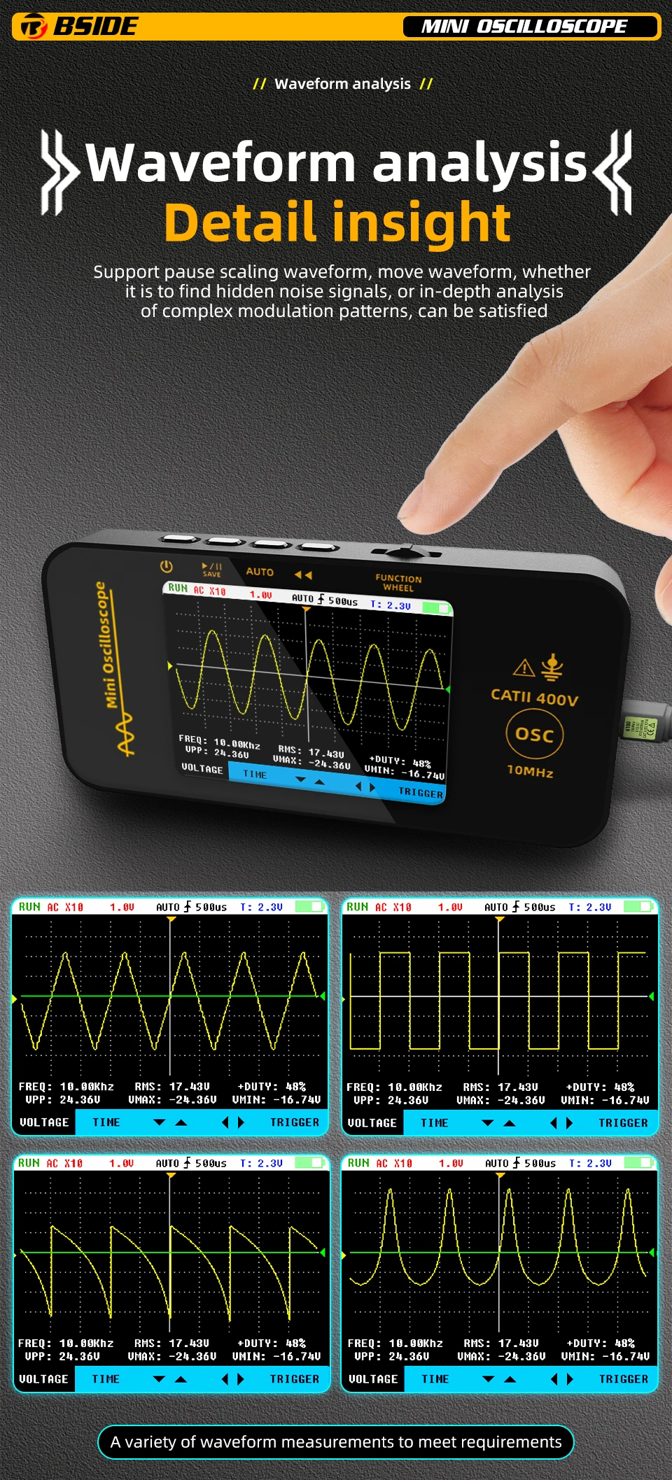 OT3 Handheld Oscilloscope 3.2” TFT LCD Digital Scope Tester, 10MHz/48MSa/s,Potab