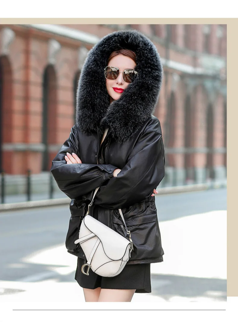 

2023 Real Leather Jacket Women Sheepskin Coat Female Winter Down Jackets Hooded Parkas Woman Fox Fur Collar Veste Femme