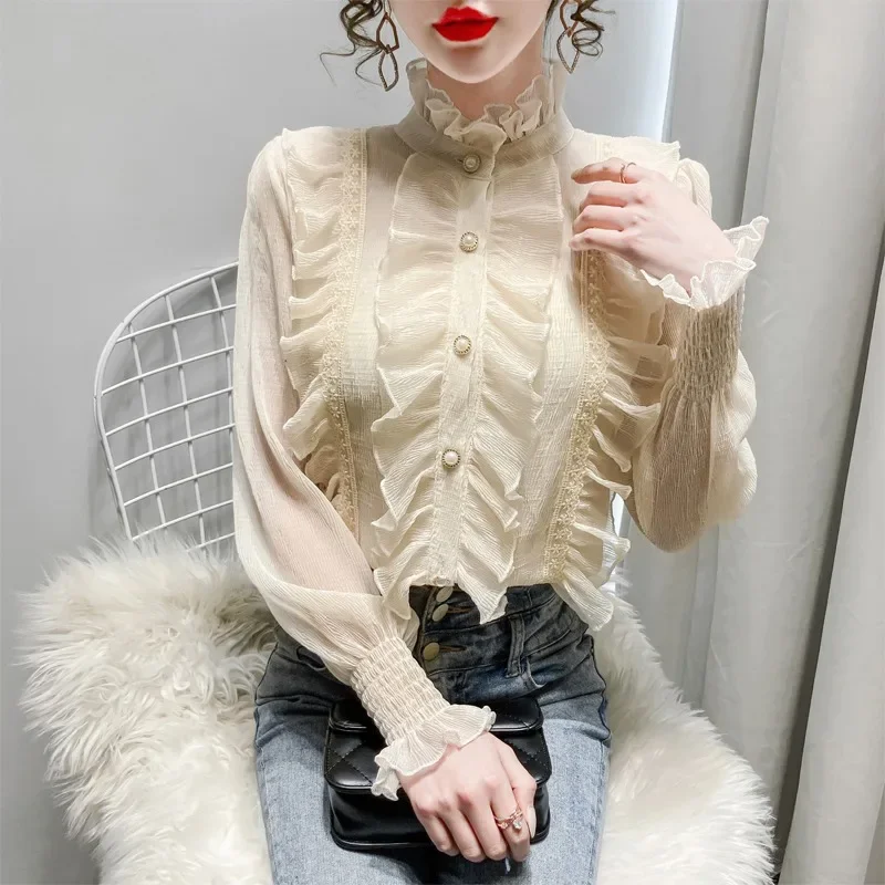 

LKSK Ruffled Chiffon Shirt For Women Autumn 2023 New French Court Style Top Wooden Trimmed Stand-Up Collar Blouse