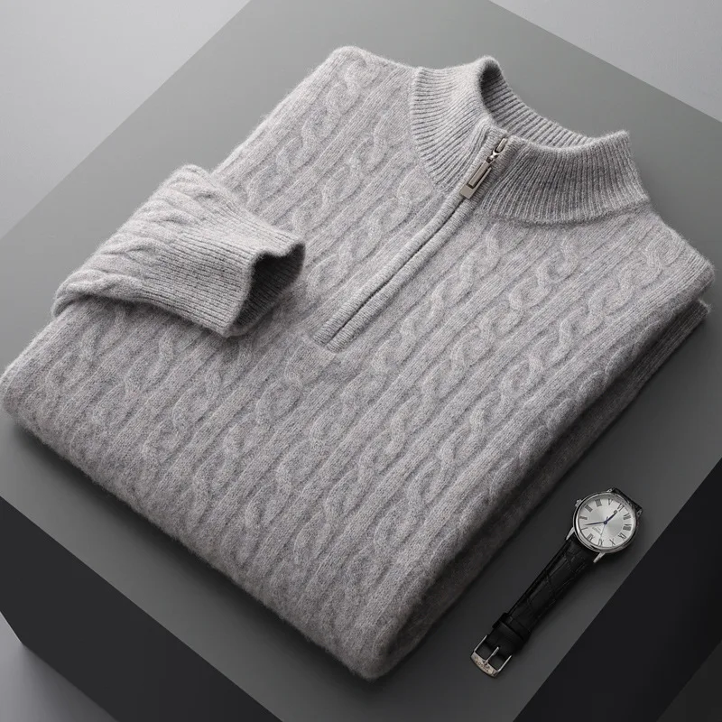 Plus Size 4XL Cashmere Sweaters Men Jumpers Standing Neck Half Height Zipper Long Sleeve Pullovers Fit Male Woolen Knit Jumpers 4
