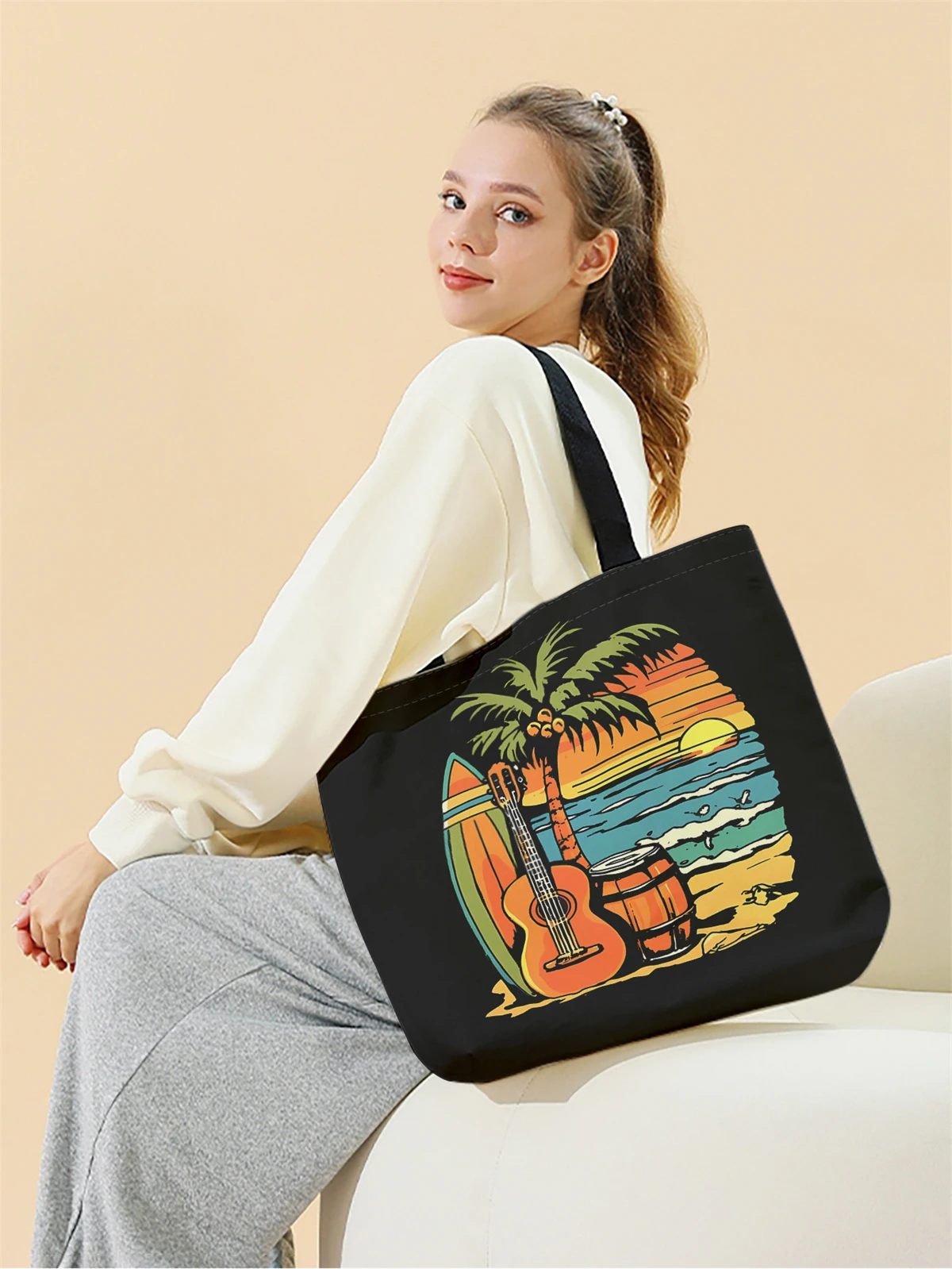 1pc,beach sunset handbag, reusable fashionable handbag, multifunctional handbag, printed canvas shopping bag