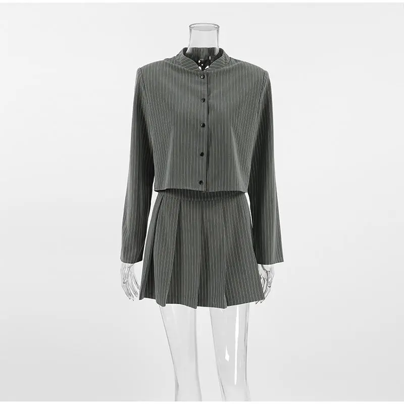 Striped Short Jackets Skirts Set Women Casual Long Sleeve Suit Coat Mini Skirt Sets Female Elegant Chic Gray Outfits Streetwear
