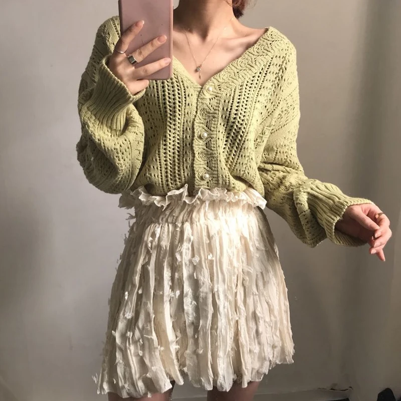 New Fashion Women's Autumn and Winter Hollow Cardigan V-neck Long-sleeved Sweater Solid Color Elegant Knitwear Casual Top