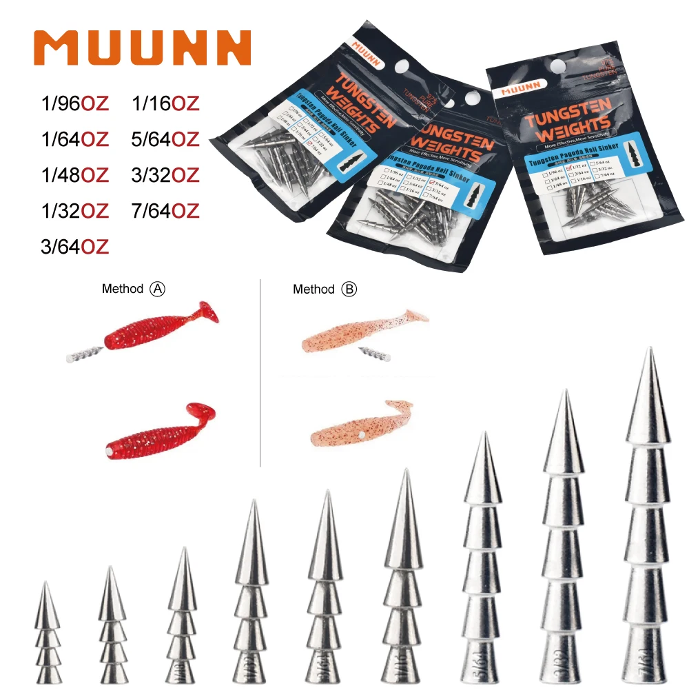 

MUUNN 10/20PCS Tungsten Pagoda Nail Weight,Hideki Neko Rig Wacky Rig,Insert Soft Plastic Worm Lures,1/96-7/64OZ,Bass Hooks