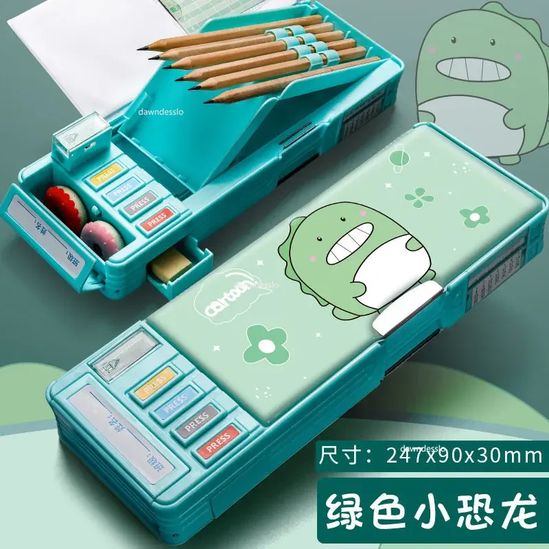 Pencil Cases Kawaii Stationery Multifunction Pen Box Astronaut Cat Dinosaur Double Layer