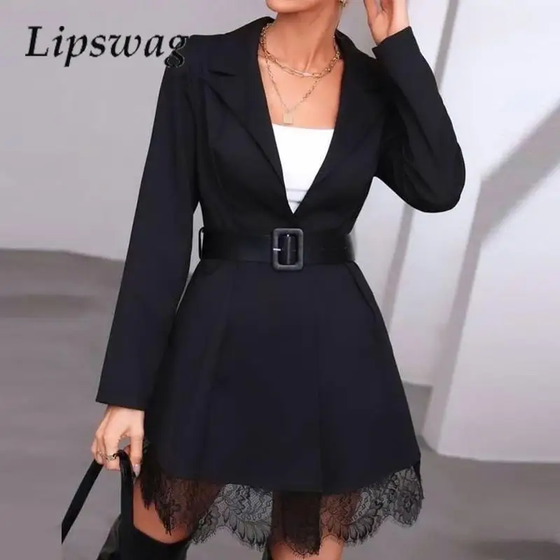

Women Lapel Temperament Long-Sleeved Office Dress Casual Commuter Pleated Mini Dress Chic Solid Color Lace Spliced Suit Dress